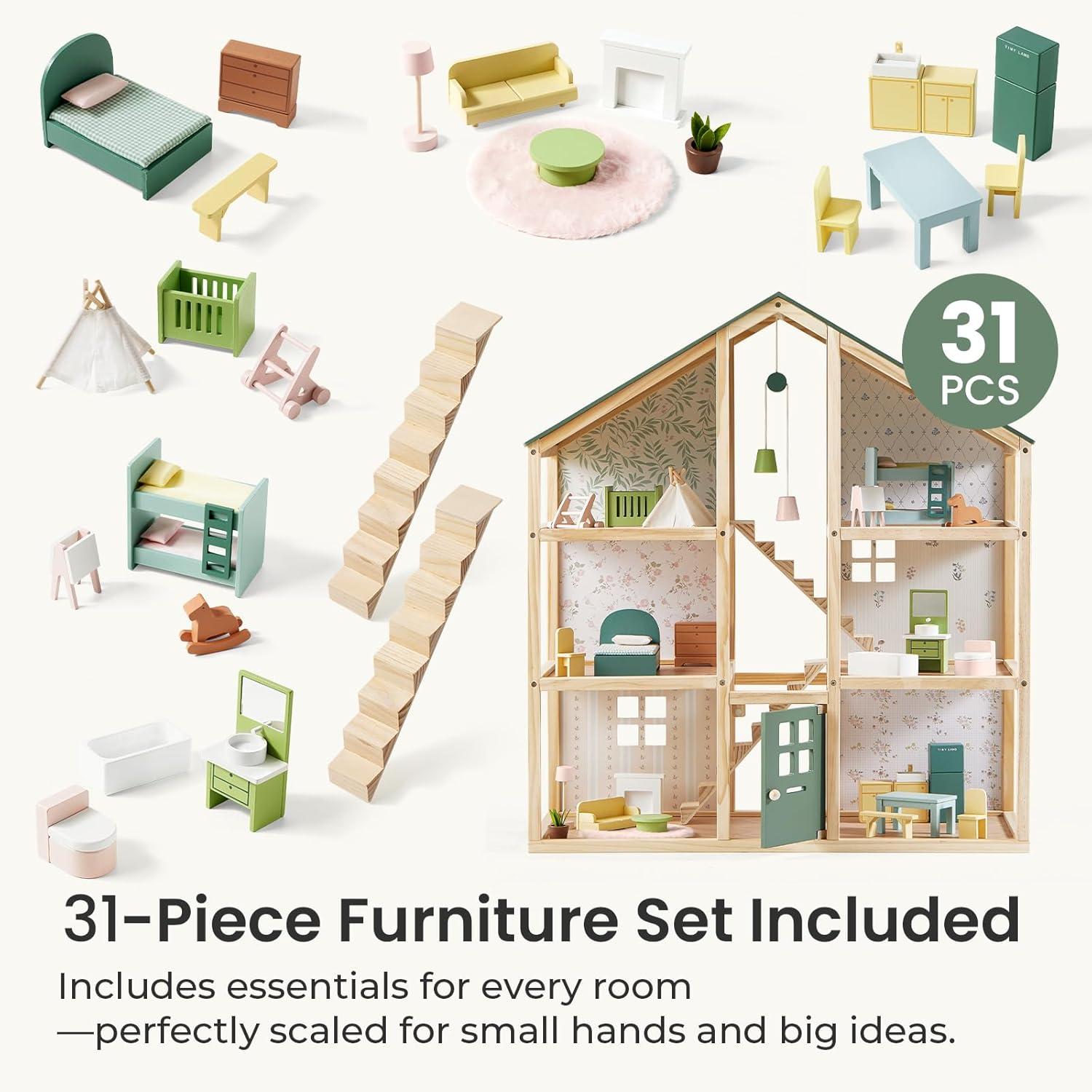 imageTiny Land Wooden Dollhouse for Girls 6 Rooms Wooden Doll House DIY Pretend Doll House with 31Pcs Furniture Accessories Creative Gift for Girl Ages 3Green