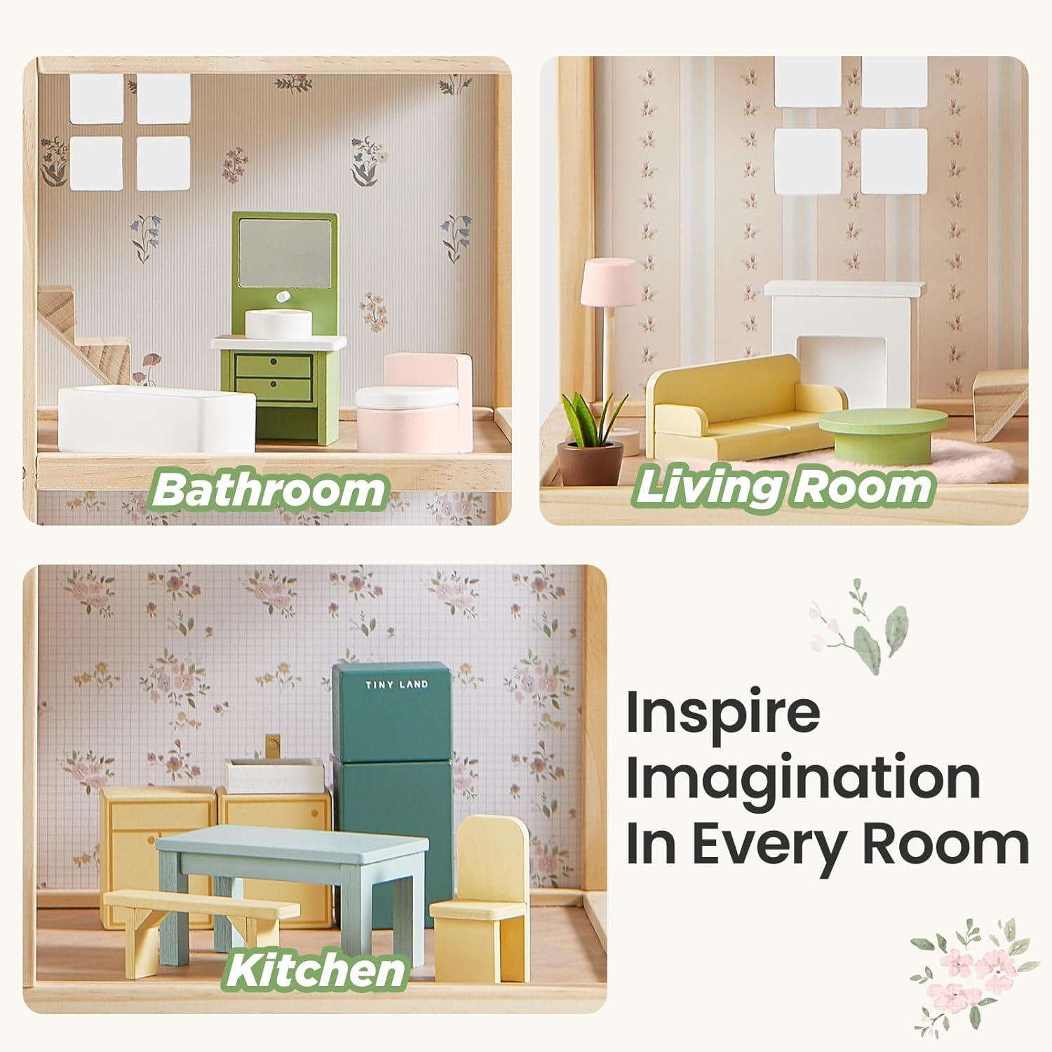 imageTiny Land Wooden Dollhouse for Girls 6 Rooms Wooden Doll House DIY Pretend Doll House with 31Pcs Furniture Accessories Creative Gift for Girl Ages 3Green
