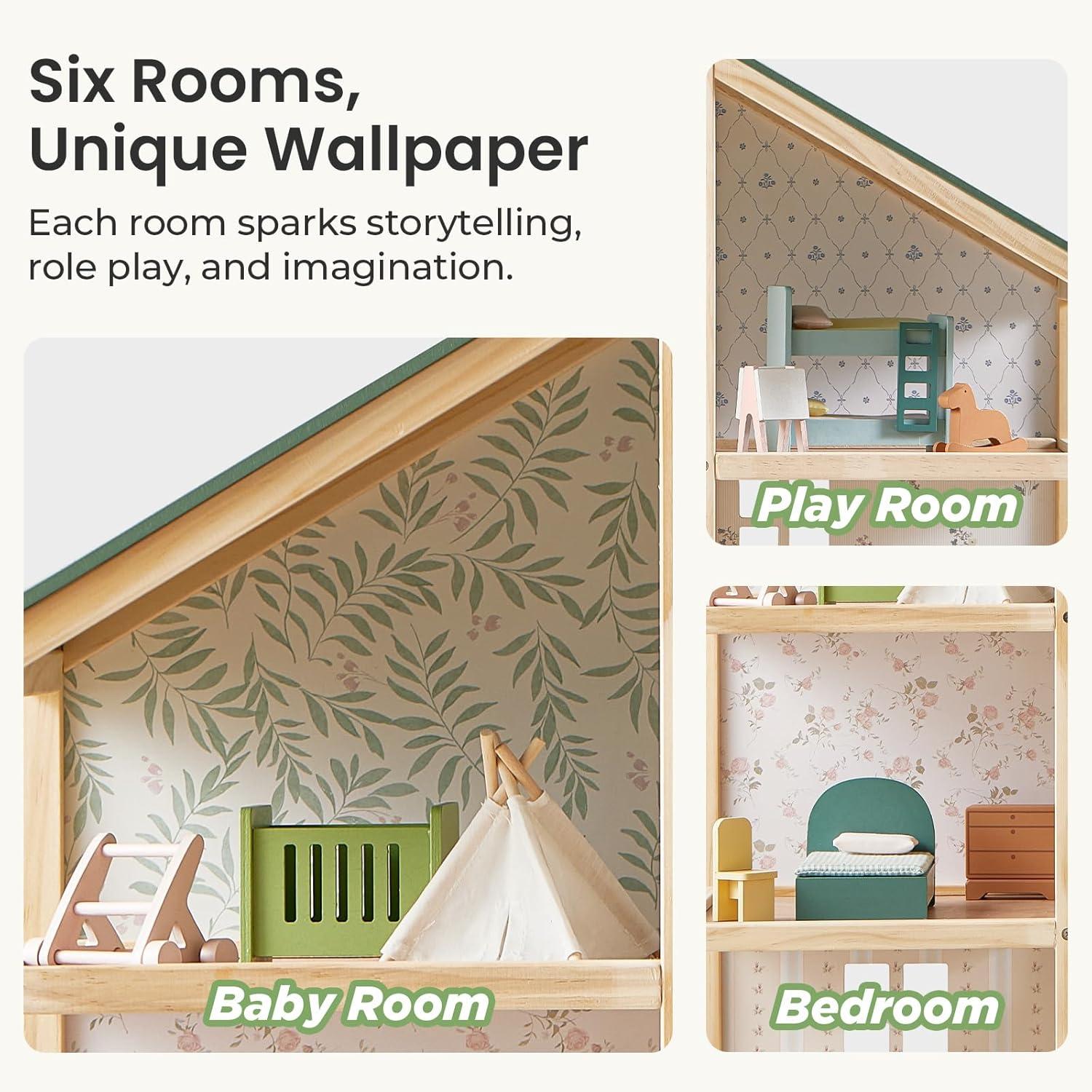 imageTiny Land Wooden Dollhouse for Girls 6 Rooms Wooden Doll House DIY Pretend Doll House with 31Pcs Furniture Accessories Creative Gift for Girl Ages 3Green