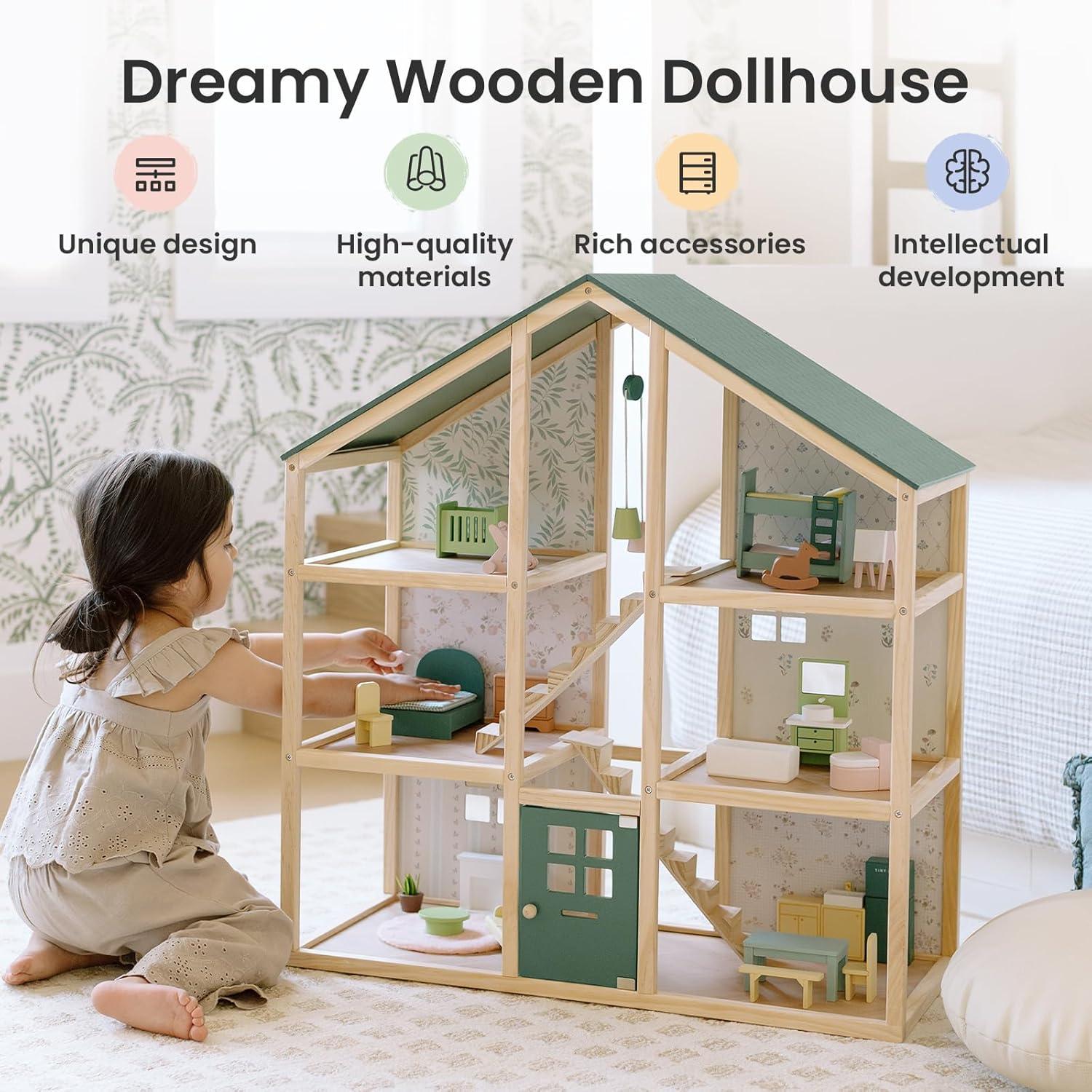imageTiny Land Wooden Dollhouse for Girls 6 Rooms Wooden Doll House DIY Pretend Doll House with 31Pcs Furniture Accessories Creative Gift for Girl Ages 3Green