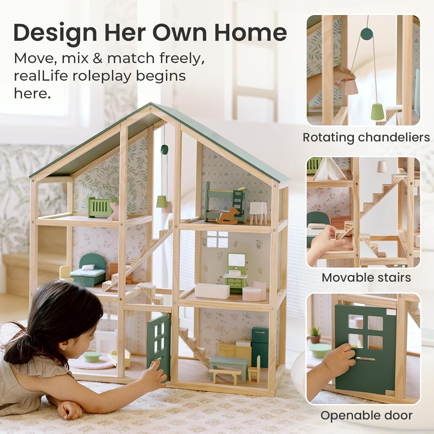 imageTiny Land Wooden Dollhouse for Girls 6 Rooms Wooden Doll House DIY Pretend Doll House with 31Pcs Furniture Accessories Creative Gift for Girl Ages 3Green