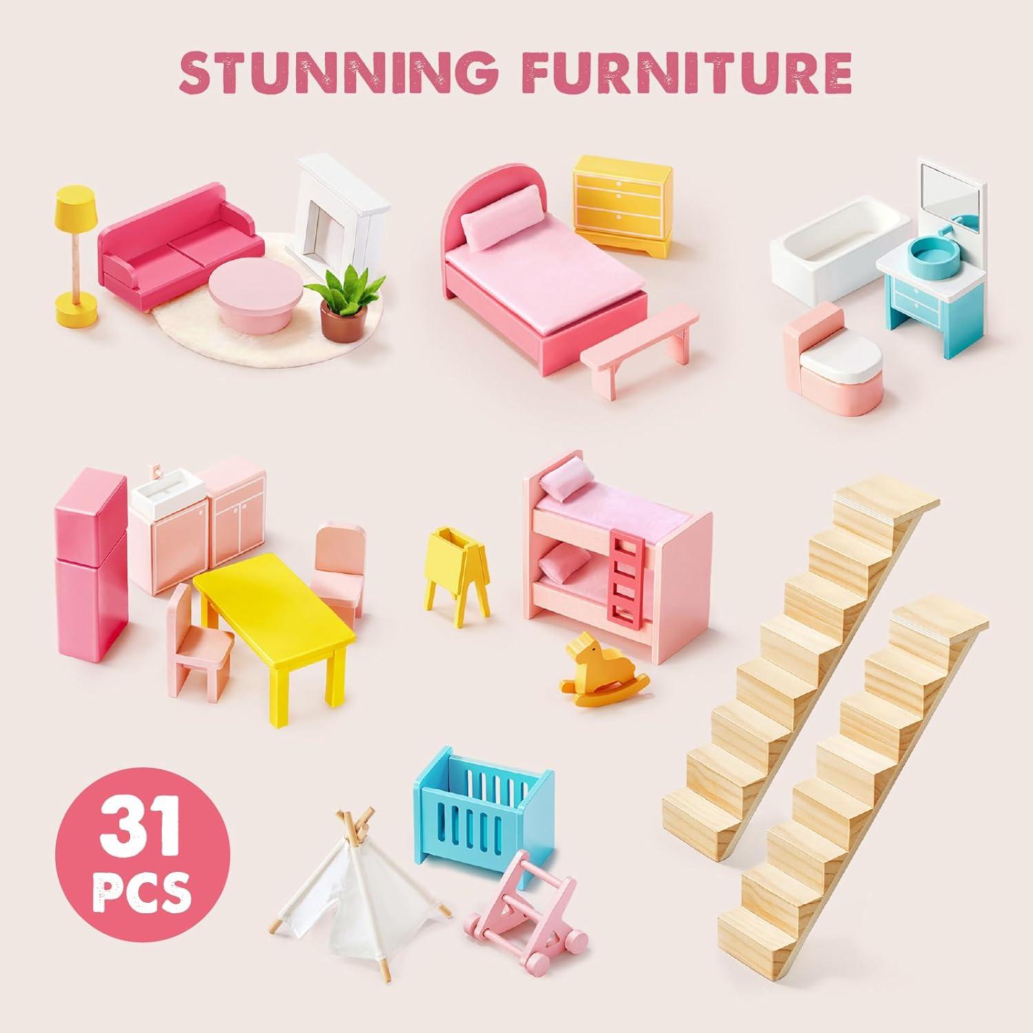 imageTiny Land Wooden Dollhouse for Girls 6 Rooms Wooden Doll House DIY Pretend Doll House with 31Pcs Furniture Accessories Creative Gift for Girl Ages 3Pink