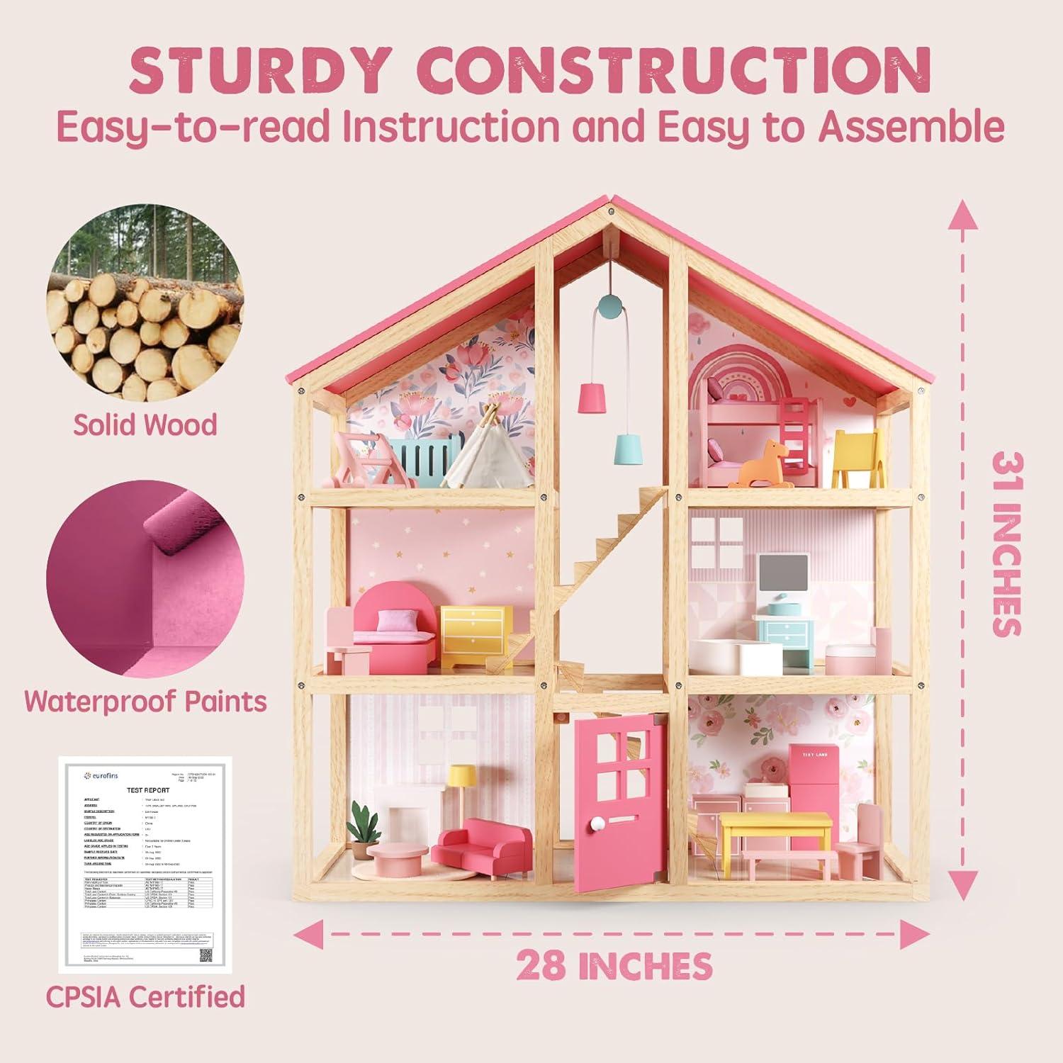 imageTiny Land Wooden Dollhouse for Girls 6 Rooms Wooden Doll House DIY Pretend Doll House with 31Pcs Furniture Accessories Creative Gift for Girl Ages 3Pink