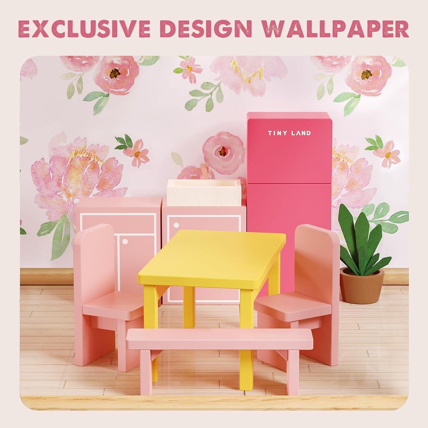 imageTiny Land Wooden Dollhouse for Girls 6 Rooms Wooden Doll House DIY Pretend Doll House with 31Pcs Furniture Accessories Creative Gift for Girl Ages 3Pink