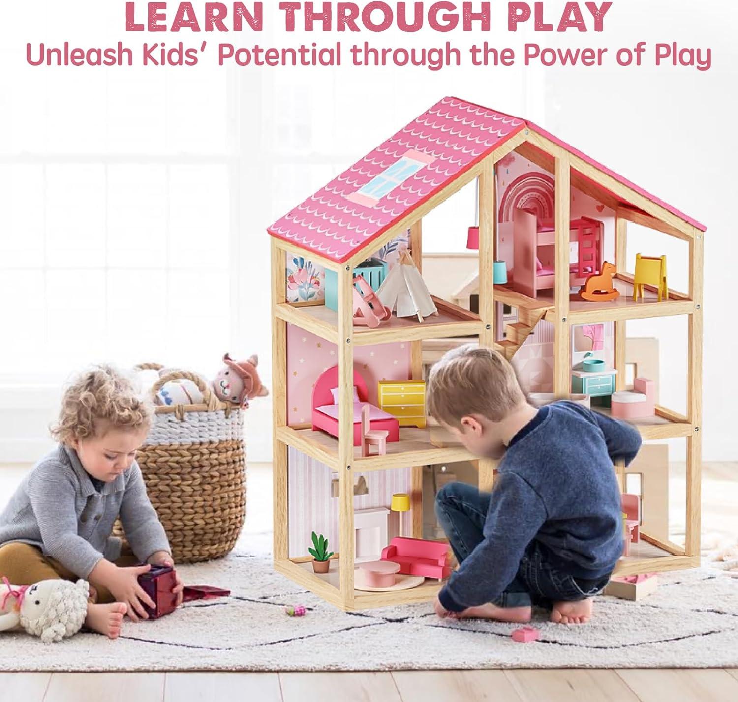 imageTiny Land Wooden Dollhouse for Girls 6 Rooms Wooden Doll House DIY Pretend Doll House with 31Pcs Furniture Accessories Creative Gift for Girl Ages 3Pink