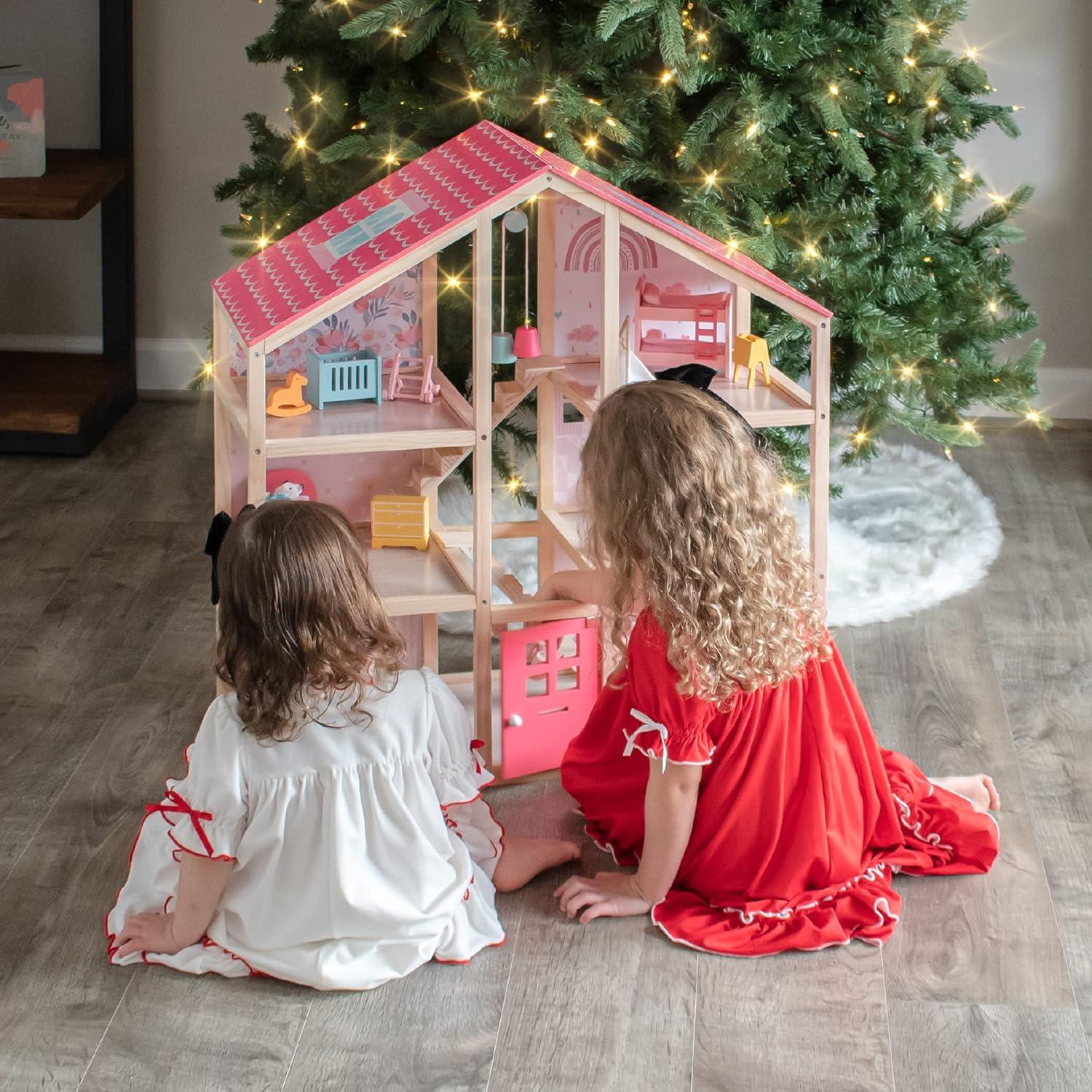 imageTiny Land Wooden Dollhouse for Girls 6 Rooms Wooden Doll House DIY Pretend Doll House with 31Pcs Furniture Accessories Creative Gift for Girl Ages 3Pink