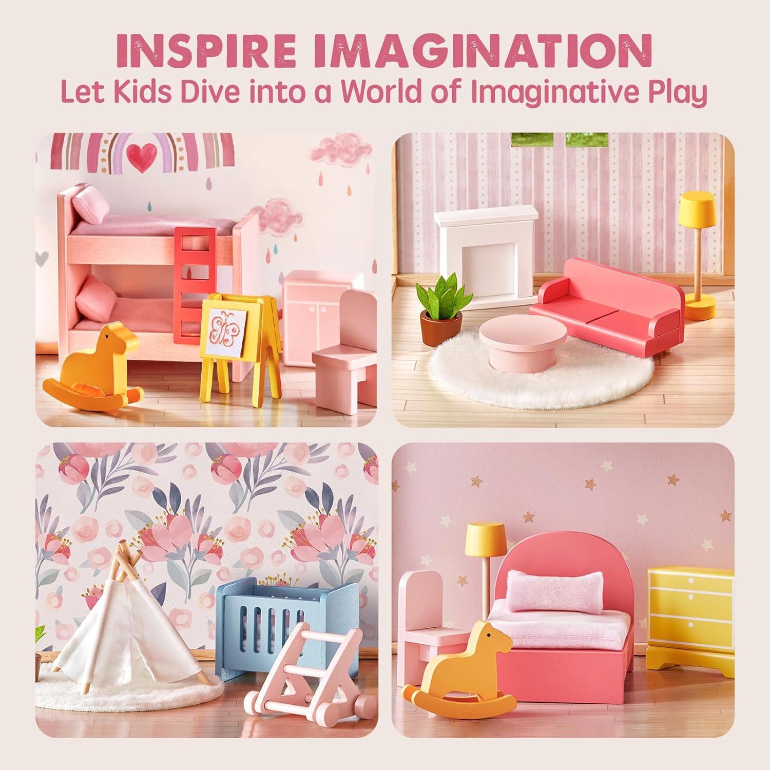 imageTiny Land Wooden Dollhouse for Girls 6 Rooms Wooden Doll House DIY Pretend Doll House with 31Pcs Furniture Accessories Creative Gift for Girl Ages 3Pink