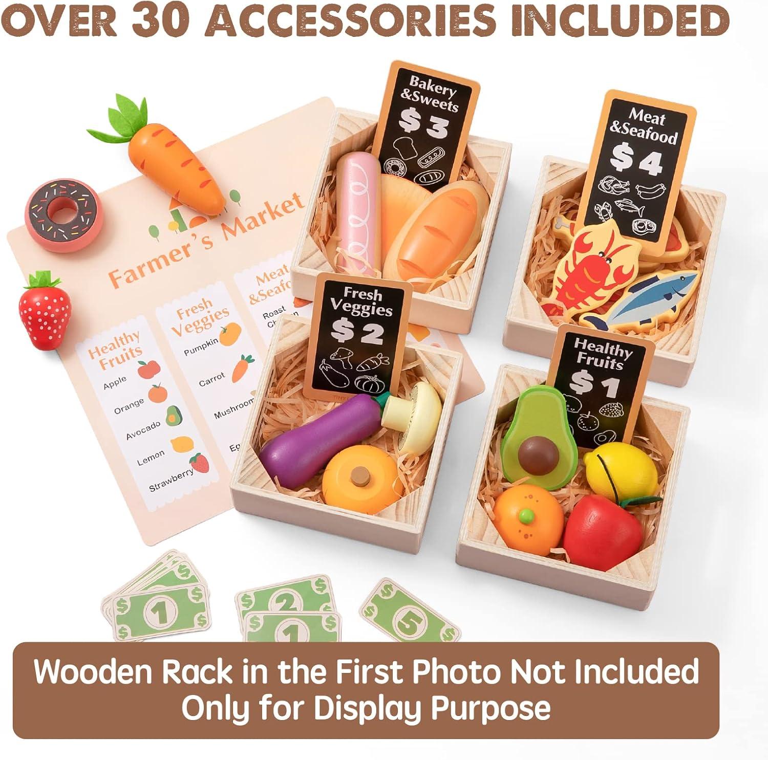 imageTiny Land Wooden Play Food Sets for Kids Kitchen 100 Wood 43 Pieces Kids Toy Food for Toddlers 3 Year Old Pretend Food Play Kitchen Accessories Set for Boys and Girls