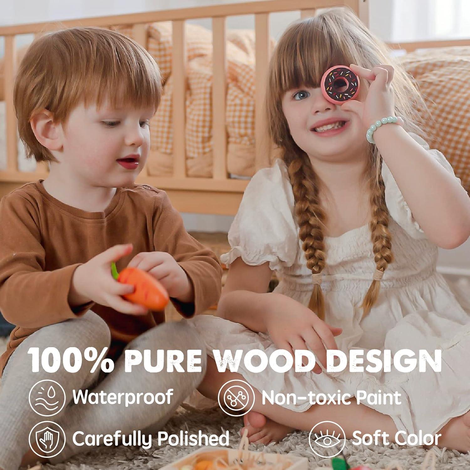 imageTiny Land Wooden Play Food Sets for Kids Kitchen 100 Wood 43 Pieces Kids Toy Food for Toddlers 3 Year Old Pretend Food Play Kitchen Accessories Set for Boys and Girls