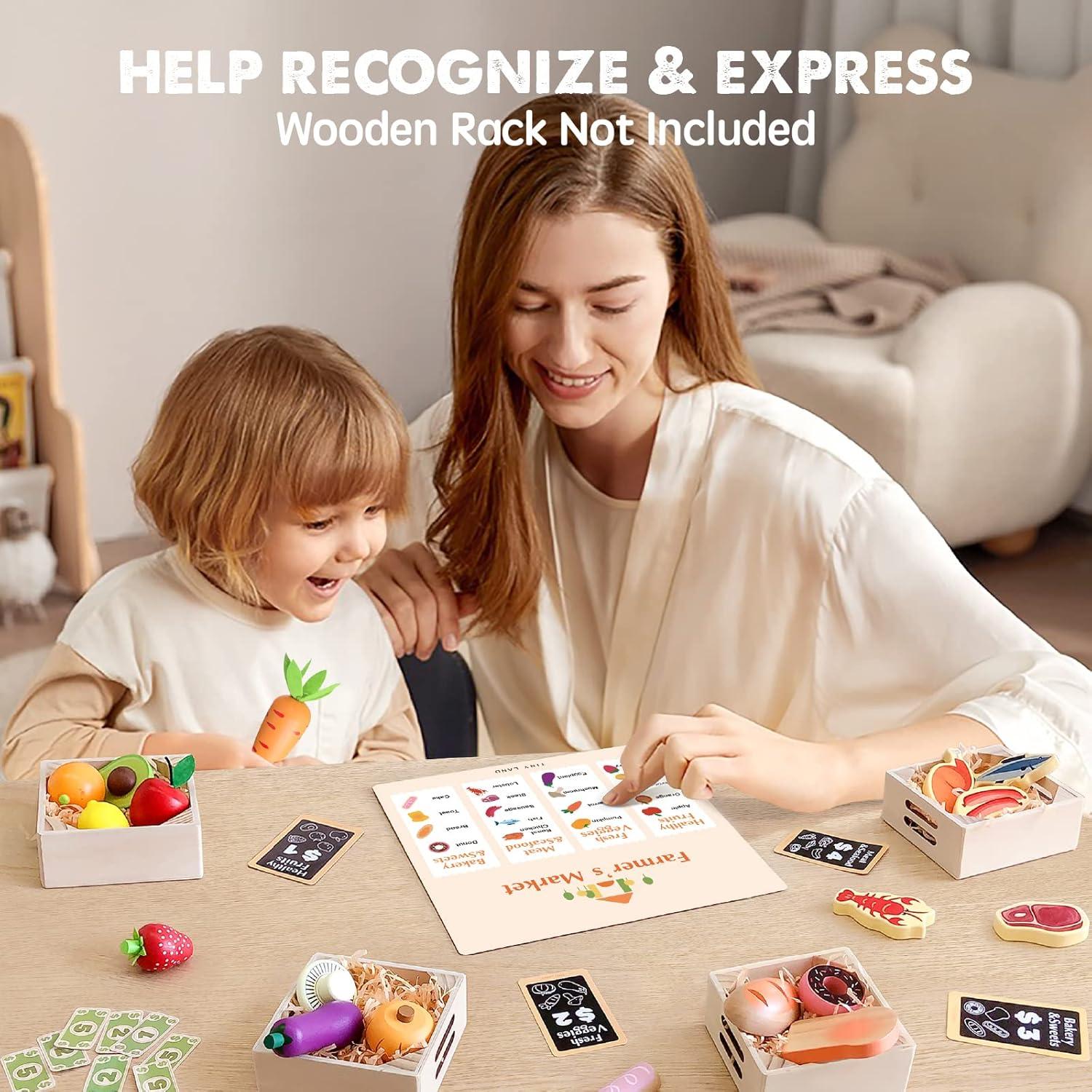 imageTiny Land Wooden Play Food Sets for Kids Kitchen 100 Wood 43 Pieces Kids Toy Food for Toddlers 3 Year Old Pretend Food Play Kitchen Accessories Set for Boys and Girls