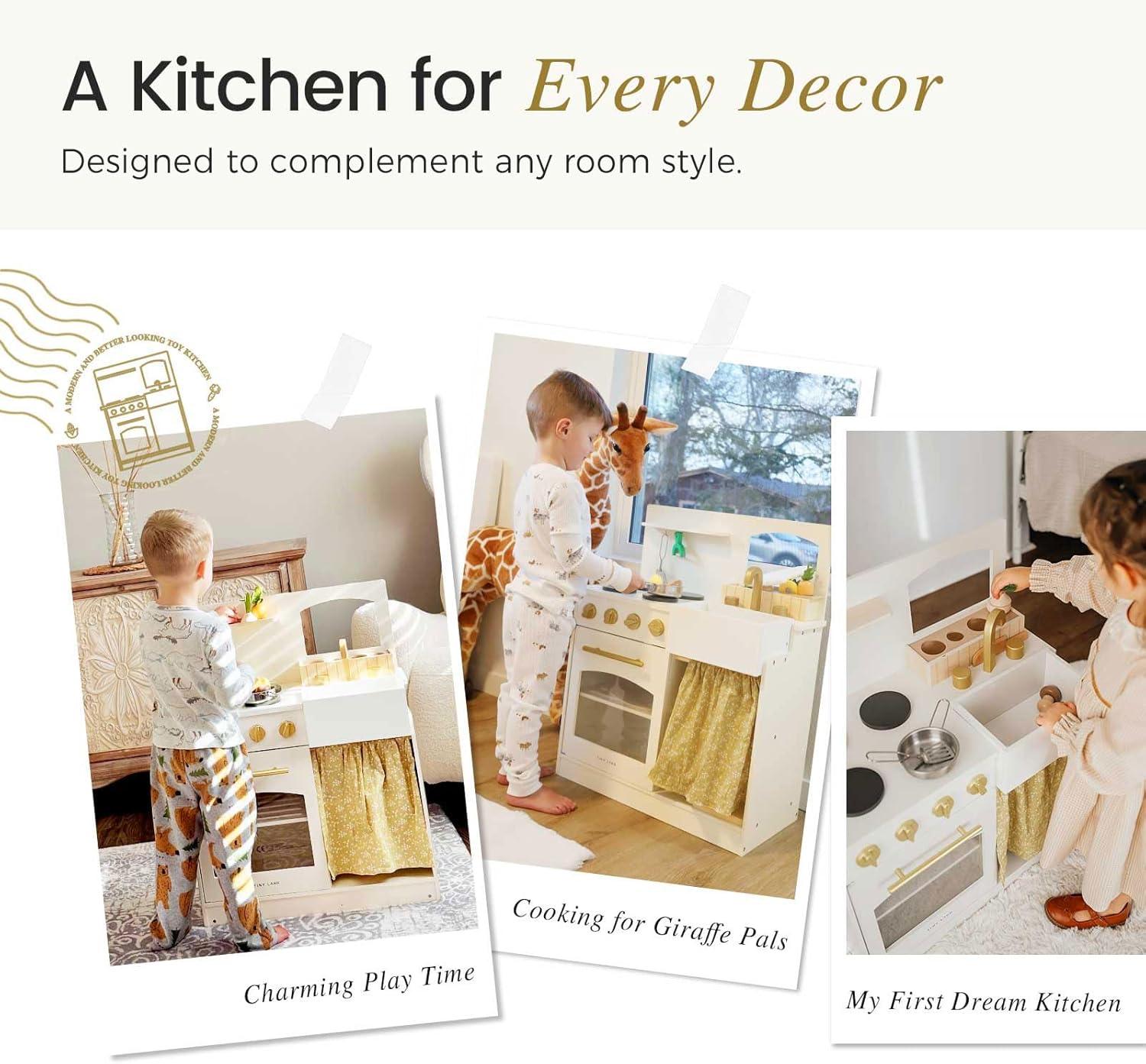 imageTiny Land Wooden Play Kitchen Toddler Kitchen with Cutting Food Set Kids Kitchen Playset Toys for Girls amp Boys Educational Role Play Gift for Small SpacesWhite