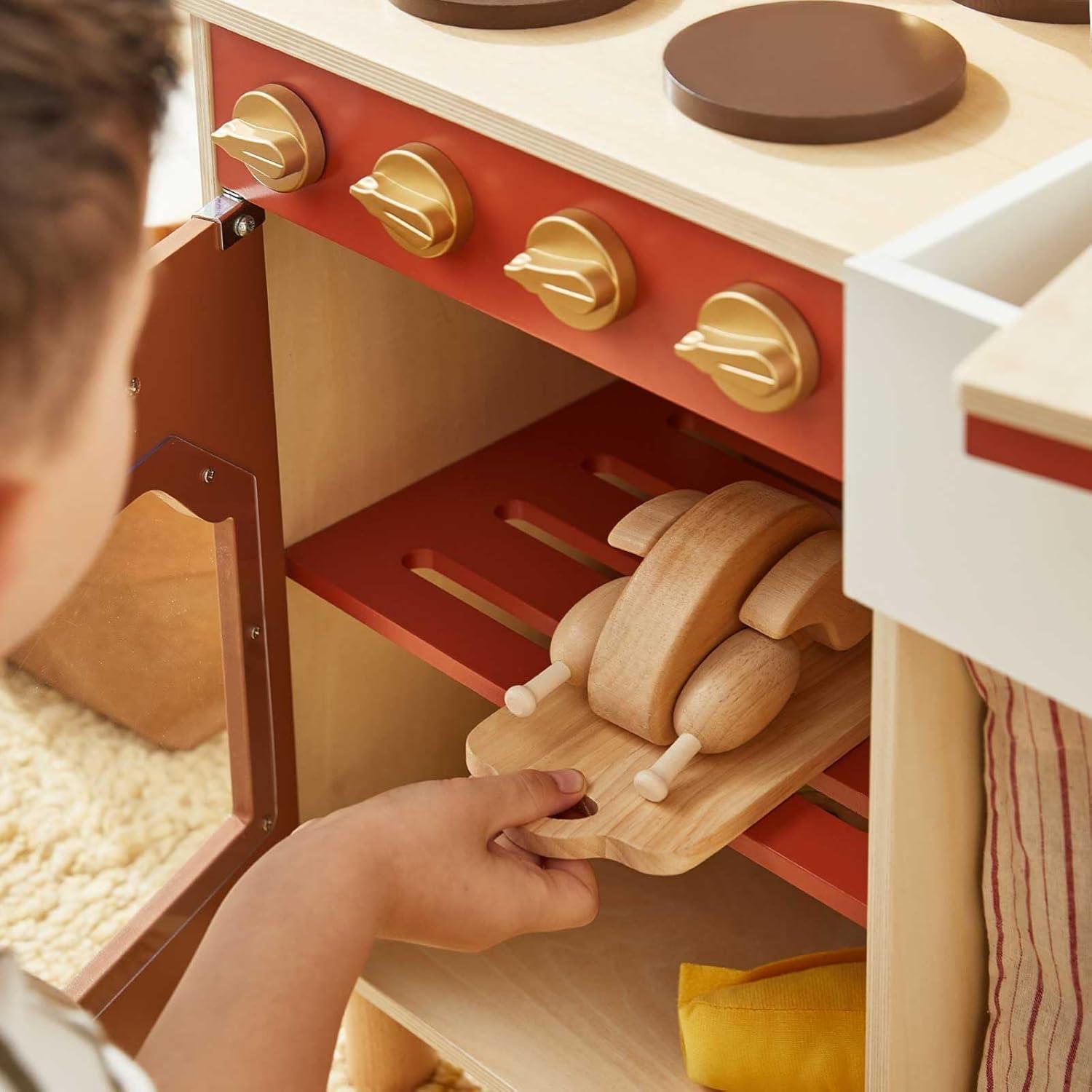 imageTiny Land Wooden Play Kitchen Toddler Kitchen with Cutting Food Set Kids Kitchen Playset Toys for Girls amp Boys Educational Role Play Gift for Small SpacesWarm Brown