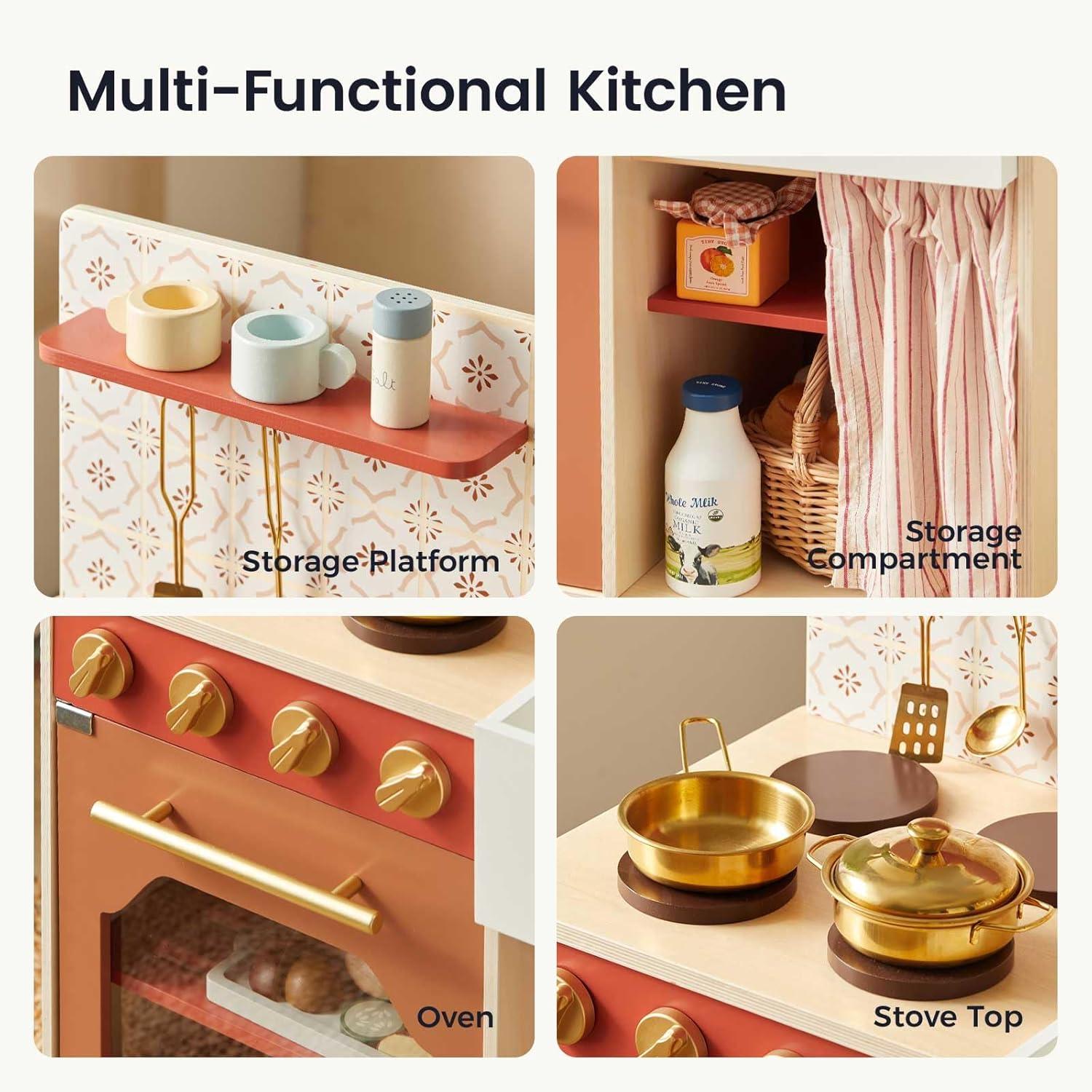 imageTiny Land Wooden Play Kitchen Toddler Kitchen with Cutting Food Set Kids Kitchen Playset Toys for Girls amp Boys Educational Role Play Gift for Small SpacesWarm Brown