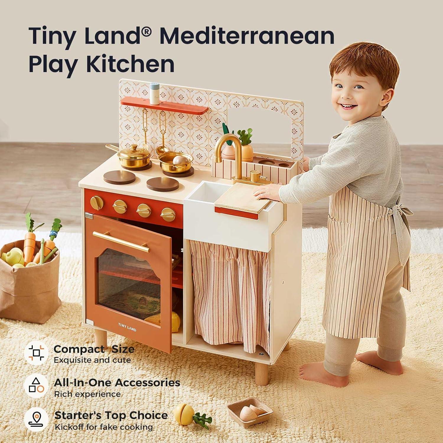 imageTiny Land Wooden Play Kitchen Toddler Kitchen with Cutting Food Set Kids Kitchen Playset Toys for Girls amp Boys Educational Role Play Gift for Small SpacesWarm Brown
