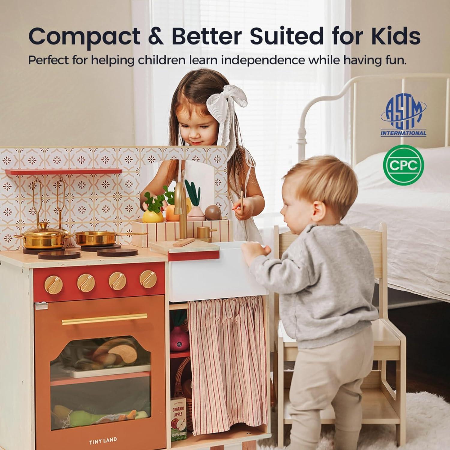 imageTiny Land Wooden Play Kitchen Toddler Kitchen with Cutting Food Set Kids Kitchen Playset Toys for Girls amp Boys Educational Role Play Gift for Small SpacesWarm Brown