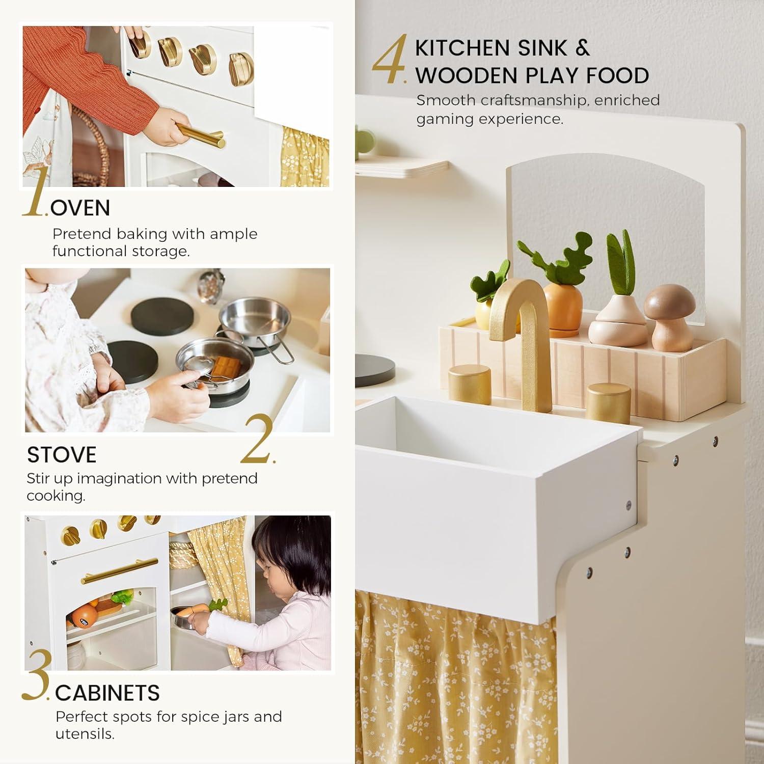 imageTiny Land Wooden Play Kitchen Toddler Kitchen with Cutting Food Set Kids Kitchen Playset Toys for Girls amp Boys Educational Role Play Gift for Small SpacesWhite