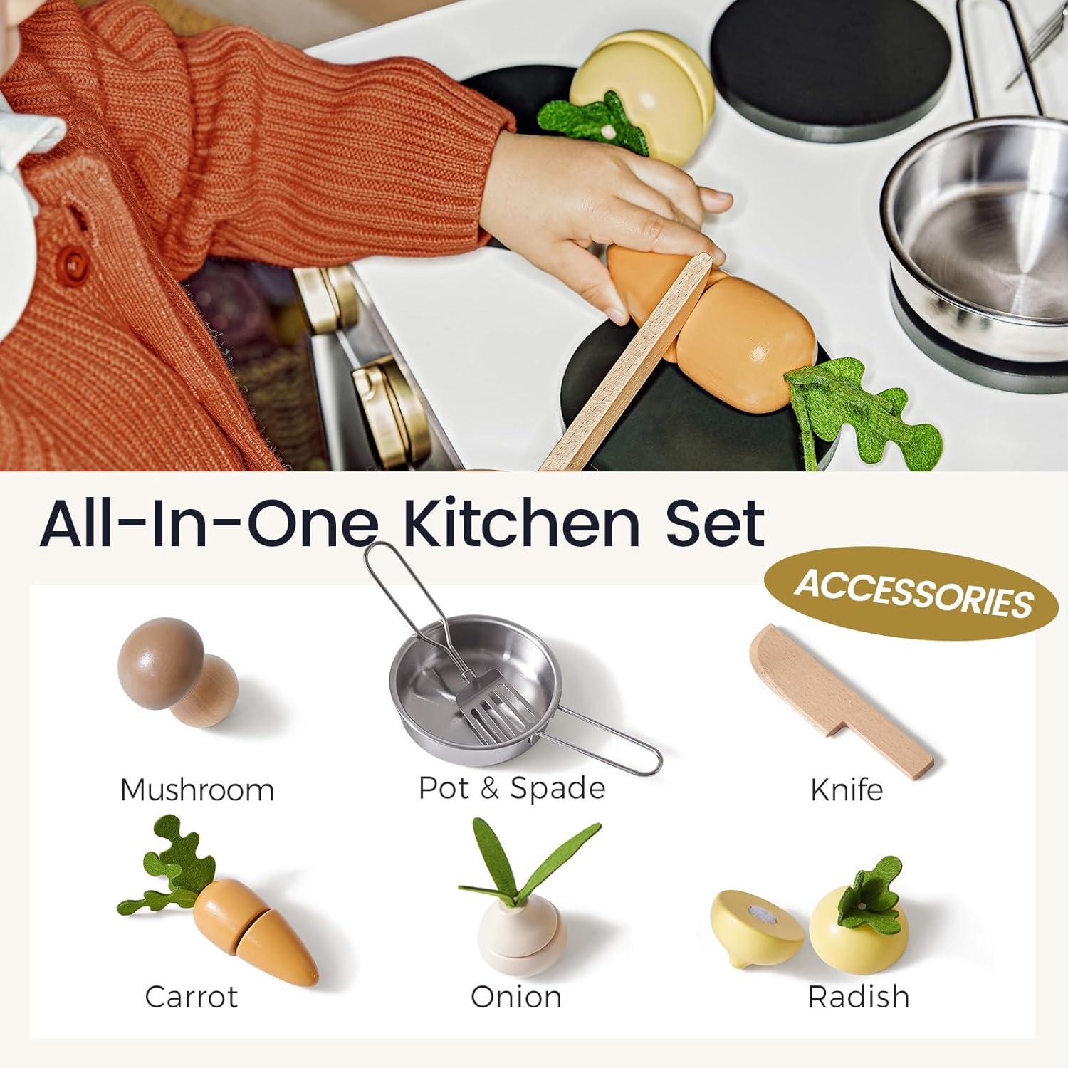 imageTiny Land Wooden Play Kitchen Toddler Kitchen with Cutting Food Set Kids Kitchen Playset Toys for Girls amp Boys Educational Role Play Gift for Small SpacesWhite