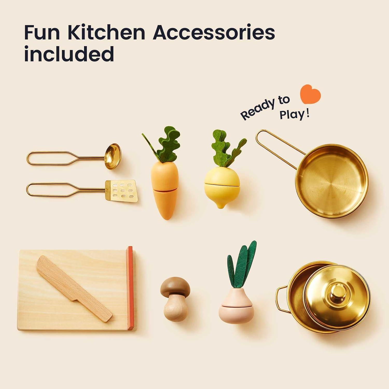 imageTiny Land Wooden Play Kitchen Toddler Kitchen with Cutting Food Set Kids Kitchen Playset Toys for Girls amp Boys Educational Role Play Gift for Small SpacesWarm Brown