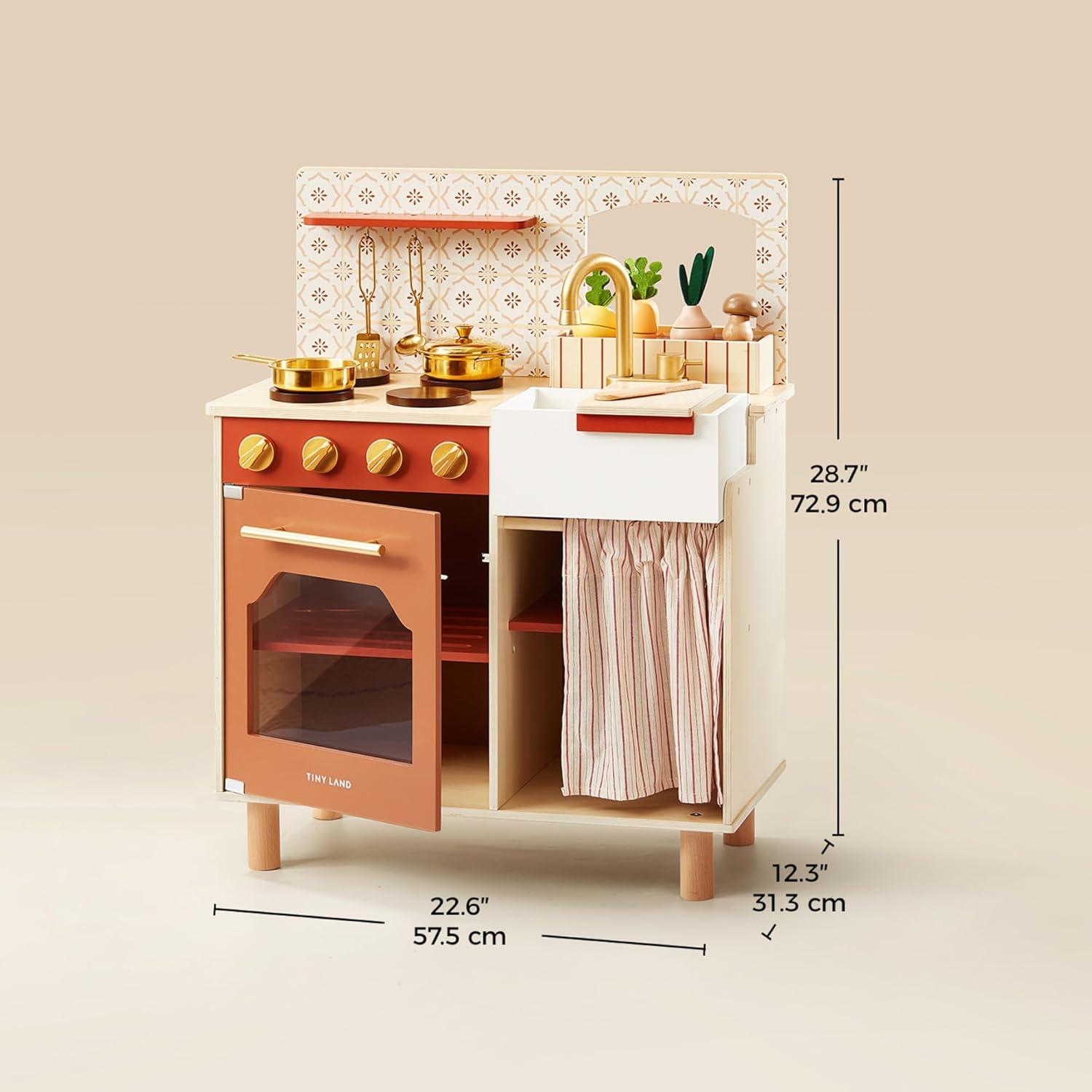 imageTiny Land Wooden Play Kitchen Toddler Kitchen with Cutting Food Set Kids Kitchen Playset Toys for Girls amp Boys Educational Role Play Gift for Small SpacesWarm Brown