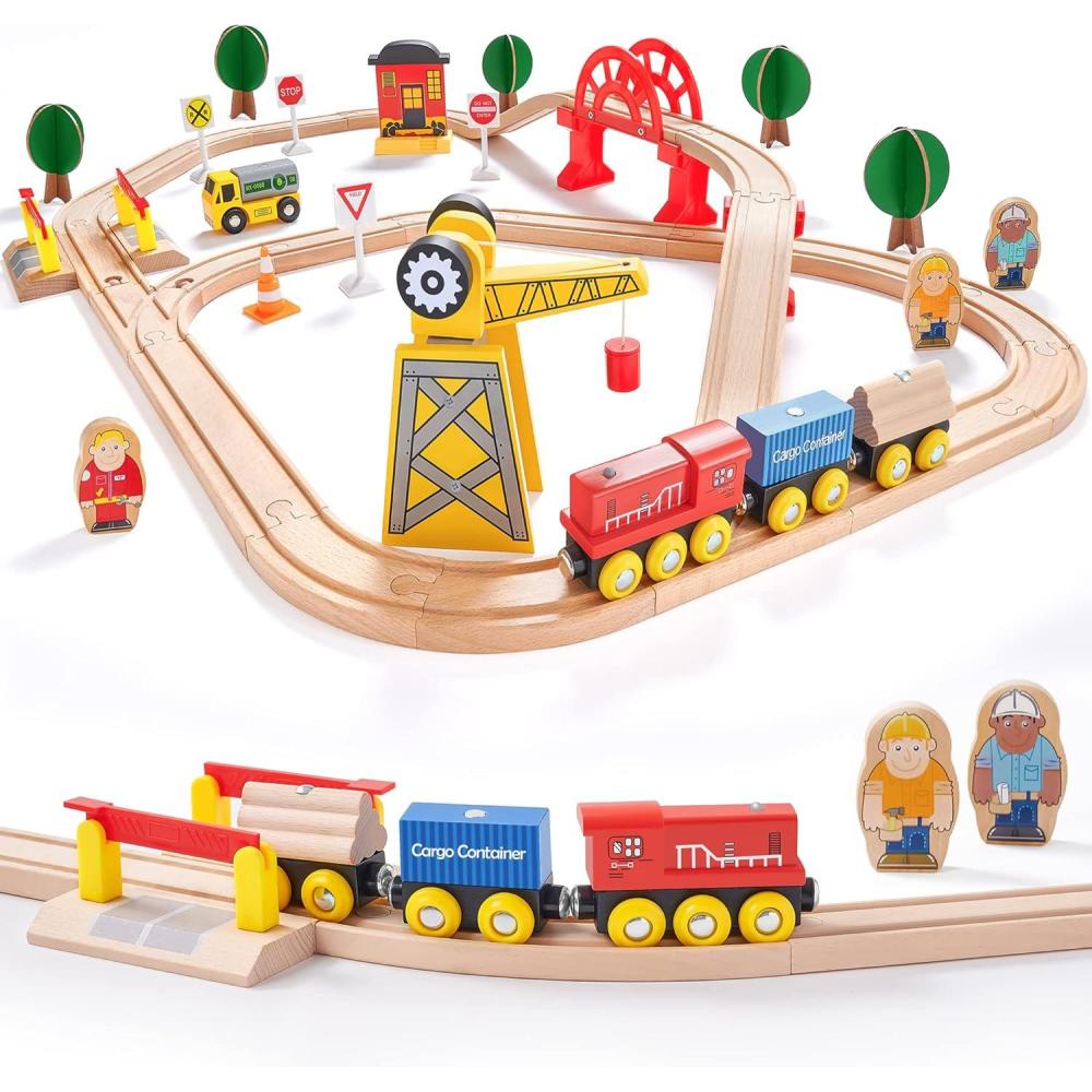 imageTiny Land 110PCS Wooden Train Set Toy Train with Tracks for Kids Ages 37 Compatible with Major Brands Ideal Railway Playset for Boys and Girls Great Birthday56pcs Wooden Train Set