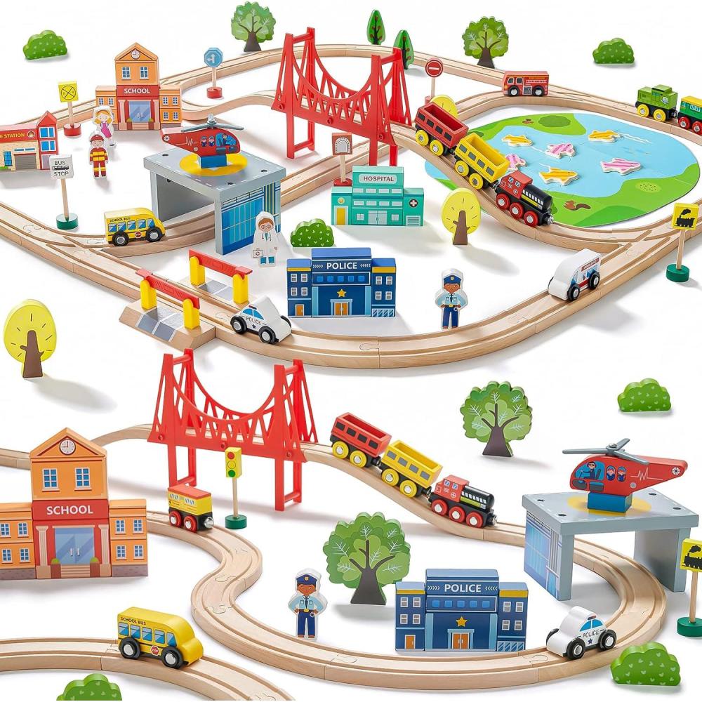 imageTiny Land 110PCS Wooden Train Set Toy Train with Tracks for Kids Ages 37 Compatible with Major Brands Ideal Railway Playset for Boys and Girls Great Birthday110pcs Wooden Train Set