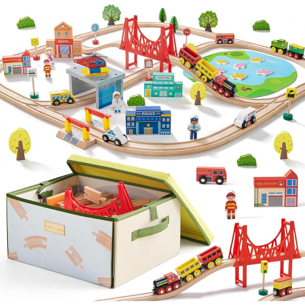 imageTiny Land 110pcs Wooden Train Set with Folding Storage Box Wooden Train Track Toy for Boys amp Girls Age 37 Includes Convenient Storage110PCS Train Set Folding Storage Box