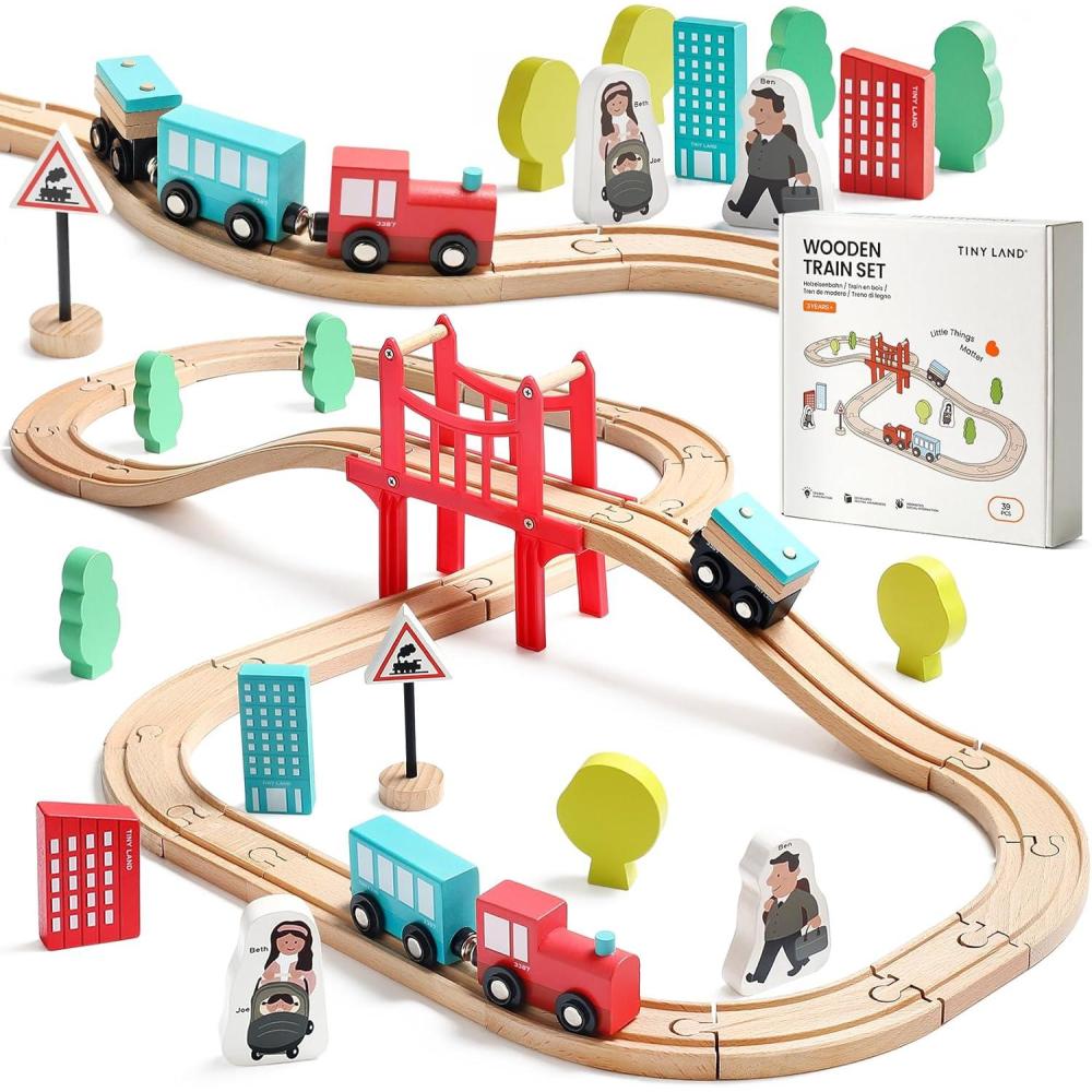 imageTiny Land 55PCS Wooden Train Set Compatible with Major Brand Tracks Educational Toy for Toddlers amp Kids Ages 37 Durable Wooden Railway Tracks39pcs Wooden Train Set