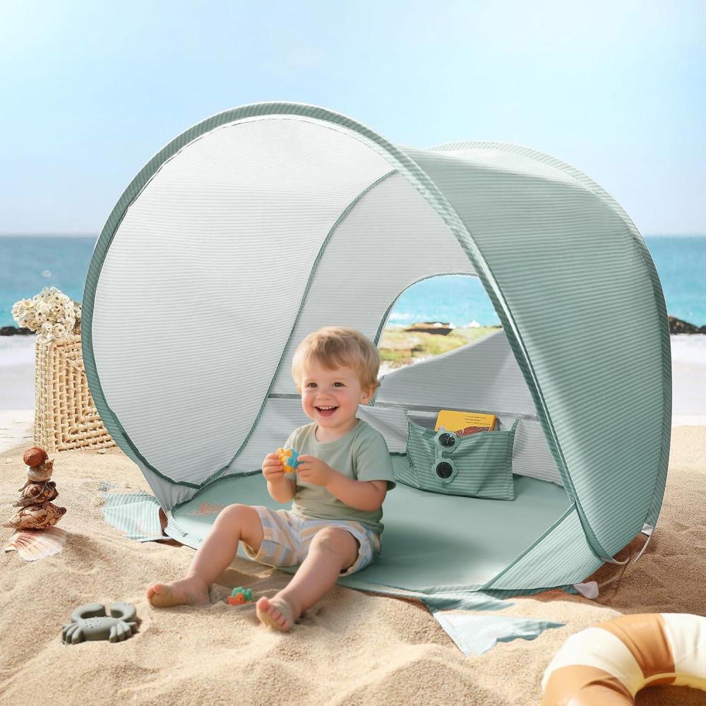imageTiny Land Baby Beach Tent Pop Up Baby Tent with UV Protection Portable Baby Beach Essentials 35x28x32 Sun Shelter for Infants Baby Outdoor Use PinkPastel Aqua