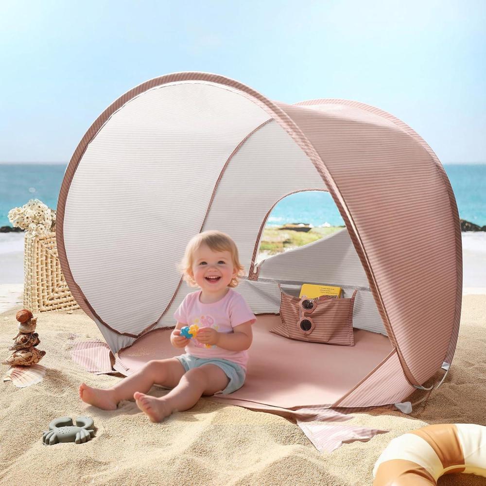 imageTiny Land Baby Beach Tent Pop Up Baby Tent with UV Protection Portable Baby Beach Essentials 35x28x32 Sun Shelter for Infants Baby Outdoor Use PinkSunset Blush
