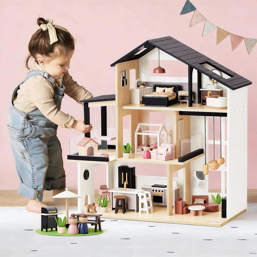 imageTiny Land Doll House Modern Family Dollhouse with Realistic Design Wooden Dollhouse with 53Pcs Furniture Ideal Gift for Kids Ages 3