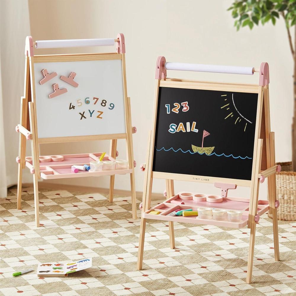 imageTiny Land Easel for Kids DoubleSided Magnetic Easel with Drawing Accessories Adjustable Wooden Kids Art Easel with Paper Roll LearningToy for 345678 Years Old Boy amp Girls GreenPink