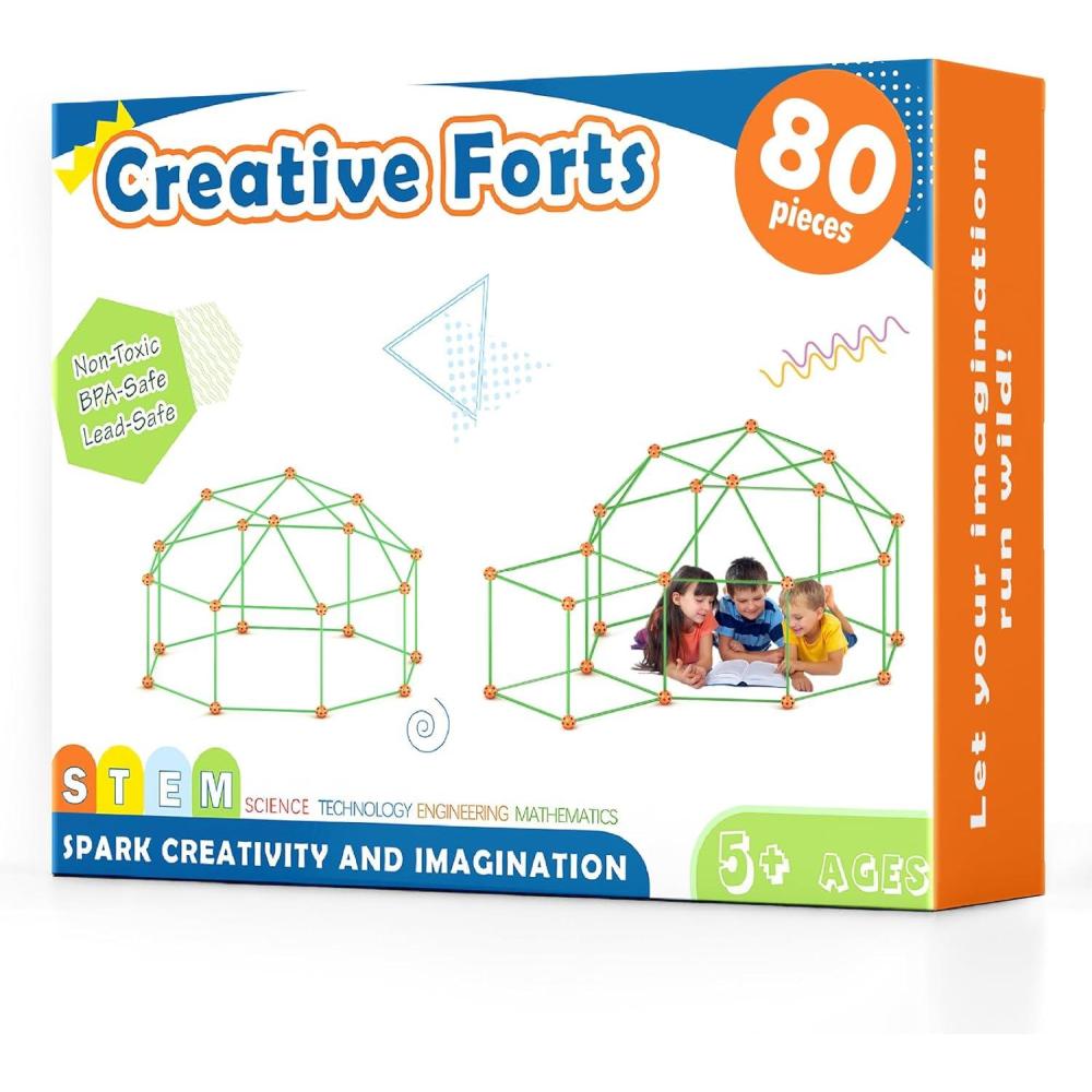 imageTiny Land Fort Building Kit Creative Fort Indoor Outdoor for 512 Years Old Boys and Girls STEM Building Toys with Storage Bag DIY Castles Tunnels with 86 Rods and 44 BallsOrangegreen