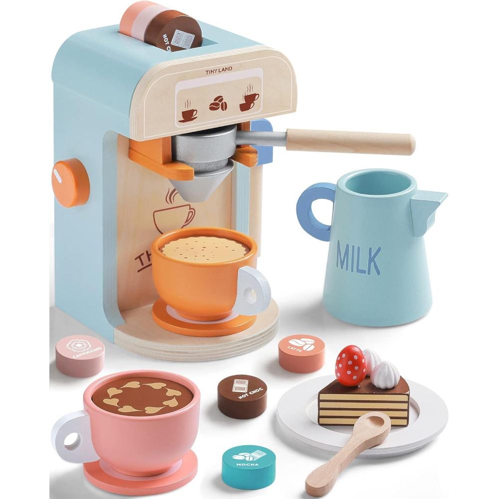 imageTiny Land Kids Coffee Maker Wooden Kitchen Toys 17Pcs Toy Coffee Maker Playset Wooden Play Toys Play Kitchen Accessories for Girls amp Boys