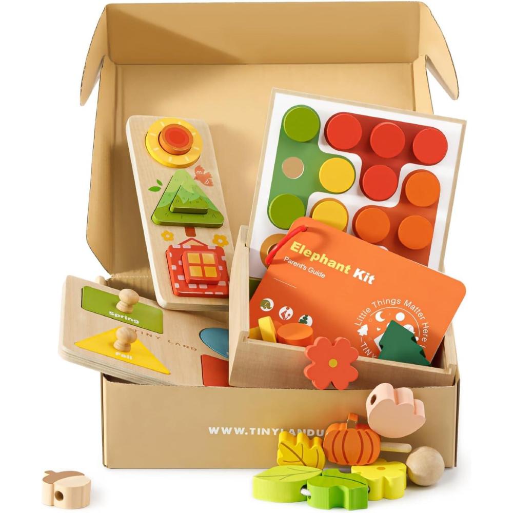 imageTiny Land Montessori Toy Set for Babies 79 Months Senser Play Kit 5in1 Wooden Learning Toys with Object Permanence Box Sensory Ball Stacking Cups and Mirror PuzzleBody Board Book1824M Educational Box