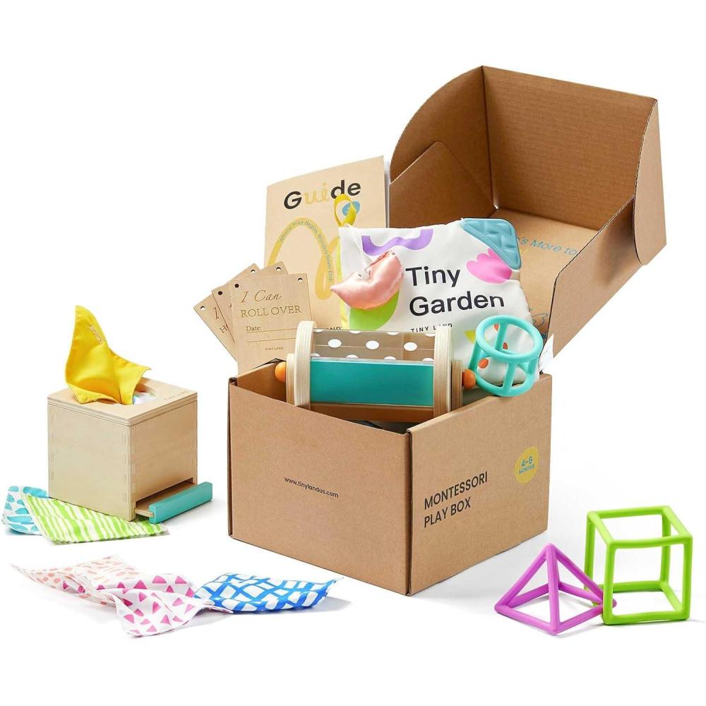 imageTiny Land Montessori Toy Set for Babies 79 Months Senser Play Kit 5in1 Wooden Learning Toys with Object Permanence Box Sensory Ball Stacking Cups and Mirror PuzzleBody Board Book46M Educational Box