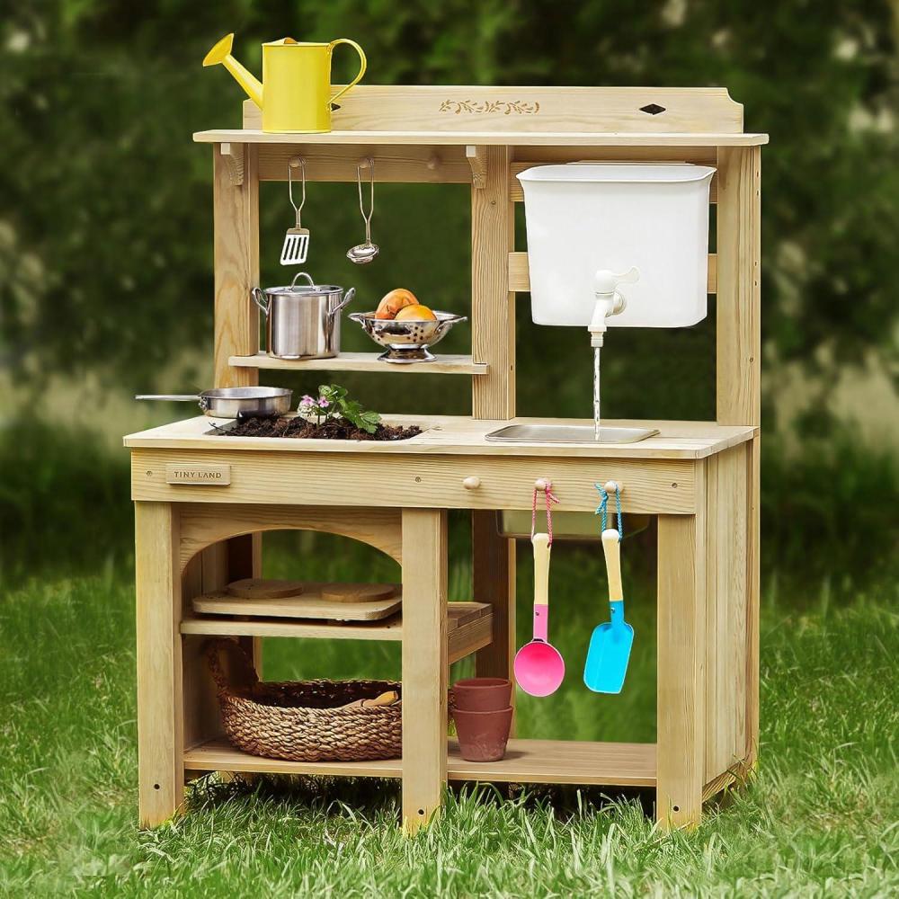 imageTiny Land Outdoor Mud Kitchen for Kids Wooden Play Kitchen with Water Tank Water amp Cooking Play Sensory Fun WeatherResistant with Storage Ideal for Toddlers Ages 3