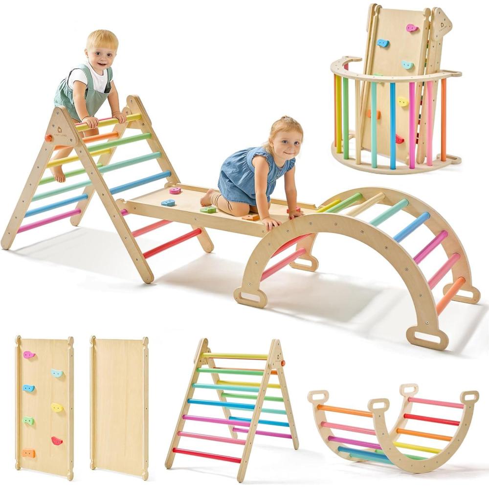 imageTiny Land Pikler Triangle Set 7in1 Foldable Pikler Triangle Climbing Toys Set for KidsBaby Indoor Playground Jungle Gym Wooden Montessori Climbing Set for Toddler RainbowRainbow