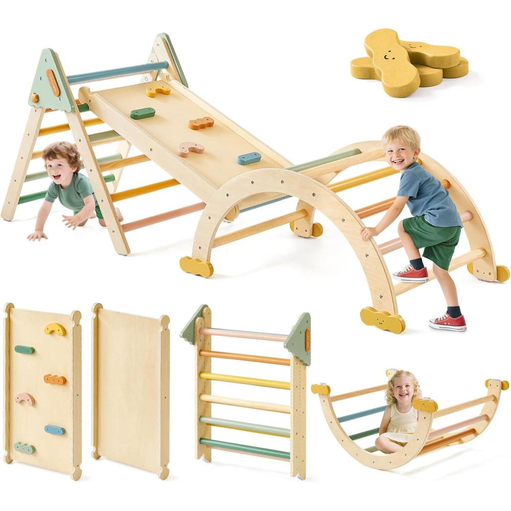 imageTiny Land Pikler Triangle Set7in1 Foldable Montessori Toddler Climbing Toys Indoor Wooden Playground Jungle Gym for Kids Climber Gift for Boys amp Girls Toddler Climbing Toys MorandiMorandi