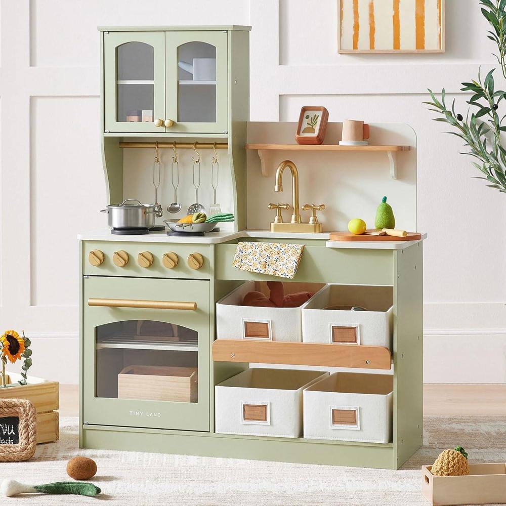 imageTiny Land Play Kitchen for Kids with Enhanced Storage Modern Toddler Kitchen Playset with Stove Sink amp Accessories Organized Wooden Toy Kitchen Ideal for ToddlersGreen