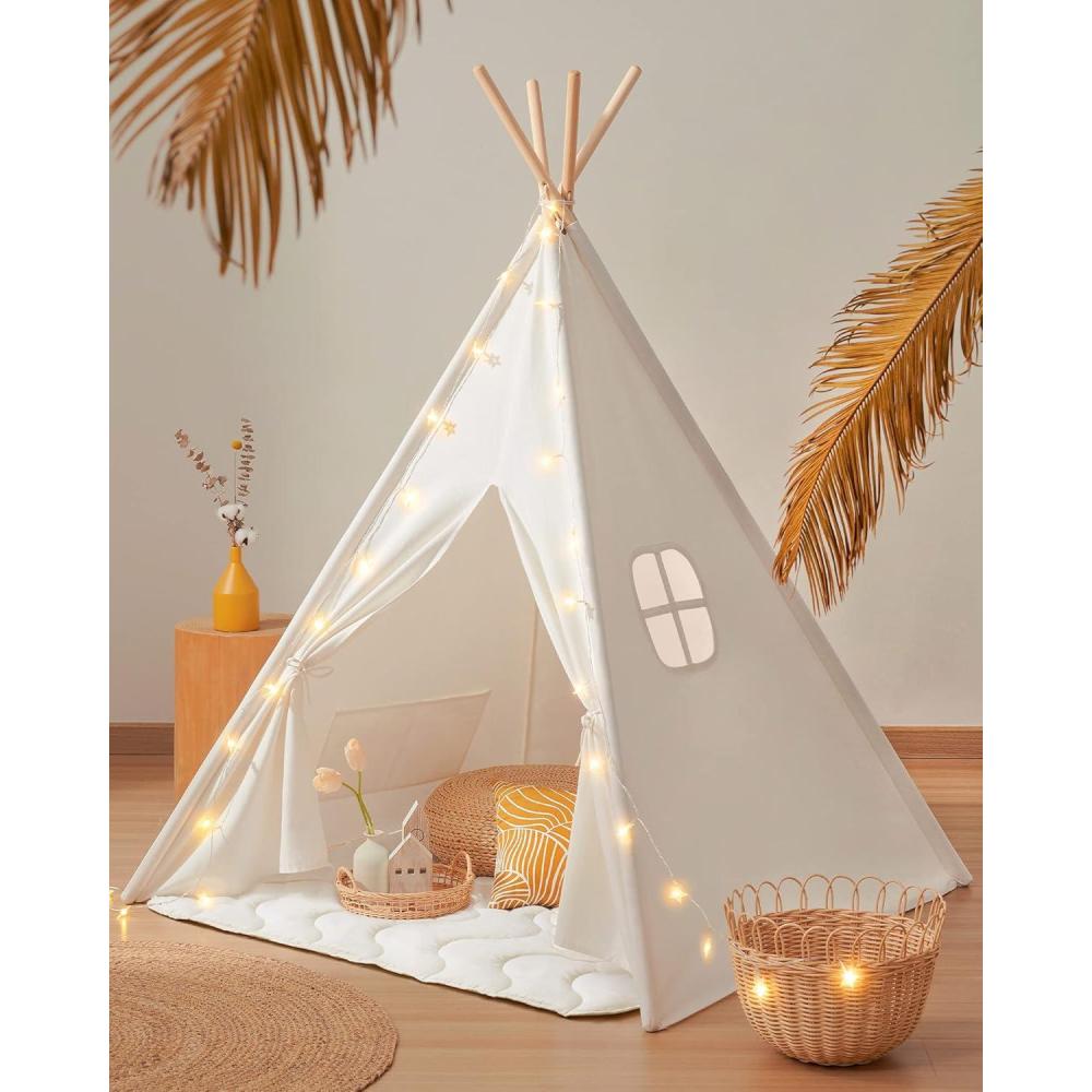 imageTiny Land Teepee Tent for Kids  100 Cotton Play Tent with Padded Mat amp Star Lights Foldable with Carry Bag Indoor Play Tent for Girls amp Boys
