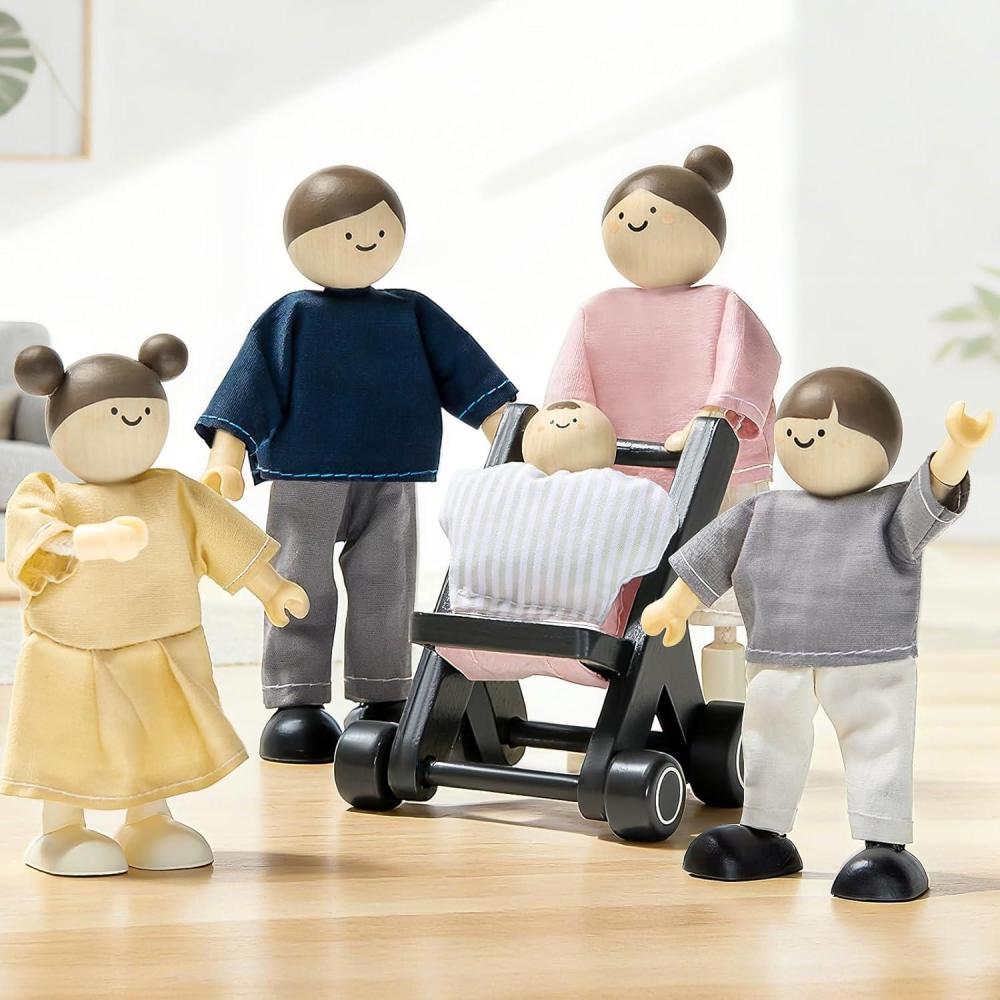 imageTiny Land Wooden Dollhouse People Set 5Piece Poseable Wooden Doll Family with Dad Mom Brother Sister Baby and Stroller Dollhouse Accessories Toy Pretend Play Gift for Kids Ages 3