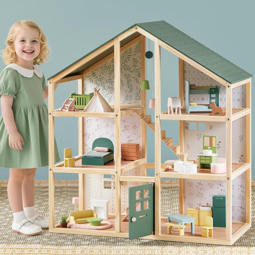 imageTiny Land Wooden Dollhouse for Girls 6 Rooms Wooden Doll House DIY Pretend Doll House with 31Pcs Furniture Accessories Creative Gift for Girl Ages 3Green