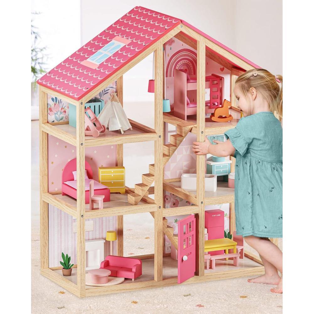 imageTiny Land Wooden Dollhouse for Girls 6 Rooms Wooden Doll House DIY Pretend Doll House with 31Pcs Furniture Accessories Creative Gift for Girl Ages 3Pink