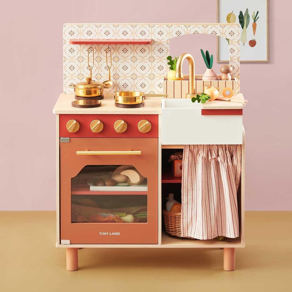imageTiny Land Wooden Play Kitchen Toddler Kitchen with Cutting Food Set Kids Kitchen Playset Toys for Girls amp Boys Educational Role Play Gift for Small SpacesWarm Brown