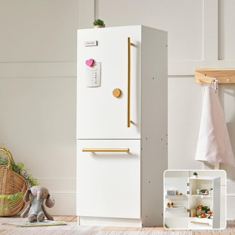 imageTiny Land Wooden Toy Fridge with Spacious Storage Realistic Play Kitchen Refrigerator for Kids Pretend Play with Three Freezer Magnets