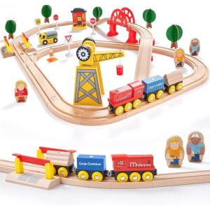 Tiny Land 110PCS Wooden Train Set – Toy Train with Tracks for Kids Ages 3-7, Compatible with Major Brands, Ideal Railway Playset for Boys and Girls, Great Birthday(56pcs Wooden Train Set)