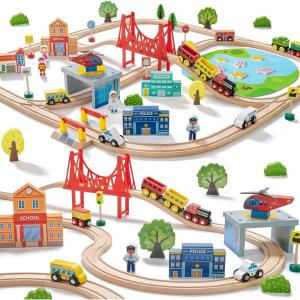 Tiny Land 110PCS Wooden Train Set – Toy Train with Tracks for Kids Ages 3-7, Compatible with Major Brands, Ideal Railway Playset for Boys and Girls, Great Birthday(110pcs Wooden Train Set)