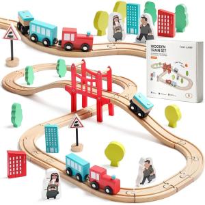 Tiny Land 55PCS Wooden Train Set – Compatible with Major Brand Tracks, Educational Toy for Toddlers & Kids Ages 3-7, Durable Wooden Railway Tracks(39pcs Wooden Train Set)