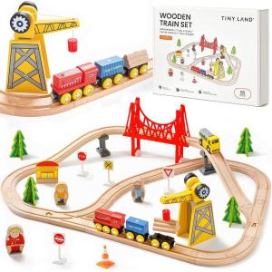 Tiny Land 55PCS Wooden Train Set – Compatible with Major Brand Tracks, Educational Toy for Toddlers & Kids Ages 3-7, Durable Wooden Railway Tracks(55pcs Wooden Train Set)