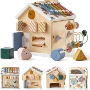 Tiny Land 9-in-1 Wooden Activity Cube, Montessori Baby Activity Center for 1+ Year Old, Educational Toy for Toddlers, Ideal Gift for Boys and Girls (Morandi)(Morandi)
